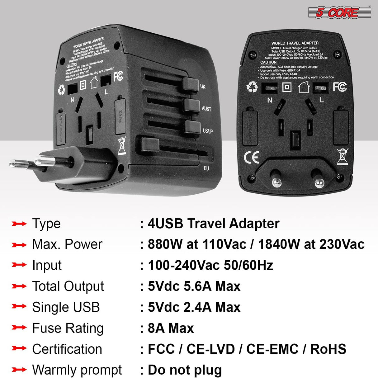 5Core Universal Travel Adapter International Power Adapters 2 Pack Multicharger Plug