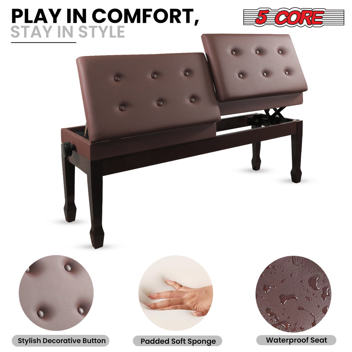 5 Core Duet Piano Bench 3.5 Inch Padded Cushioned Stool Wooden Heavy Duty Musician Chair w Storage