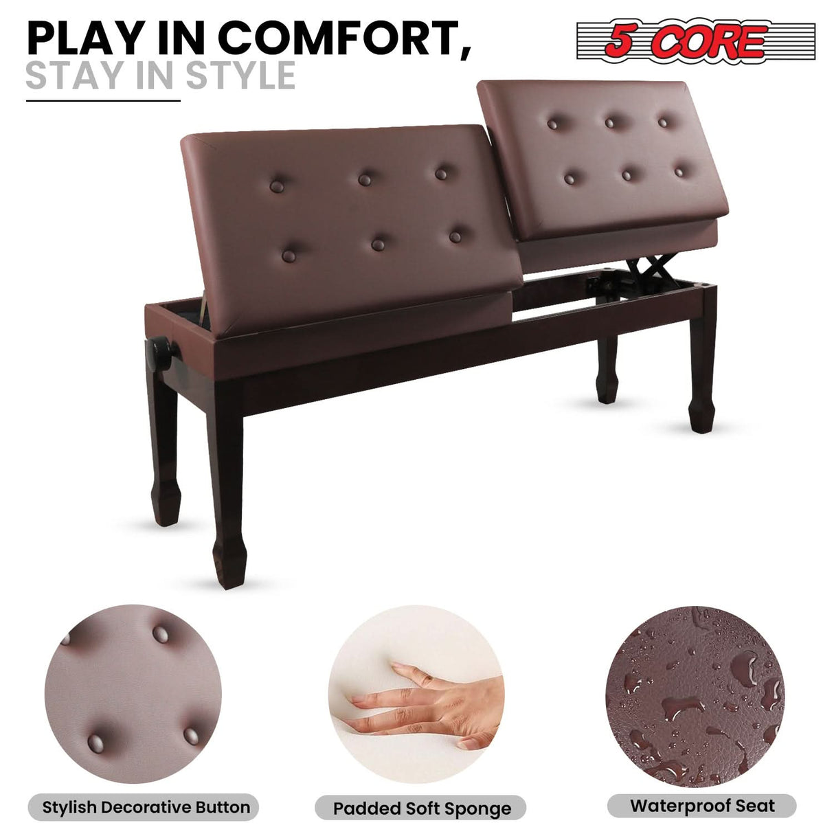 5 Core Duet Piano Bench 3.5 Inch Padded Cushioned Stool Wooden Heavy Duty Musician Chair w Storage