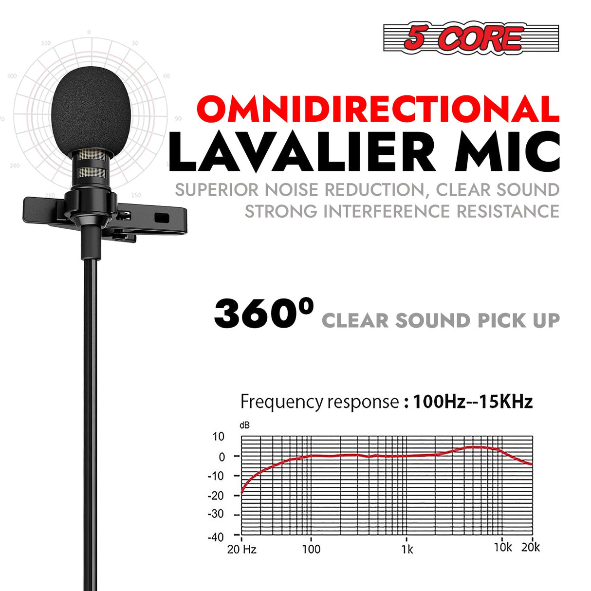 5Core Lavalier Microphone Clip On Professional Grade 3.5mm Lav Lapel Mic Omnidirectional