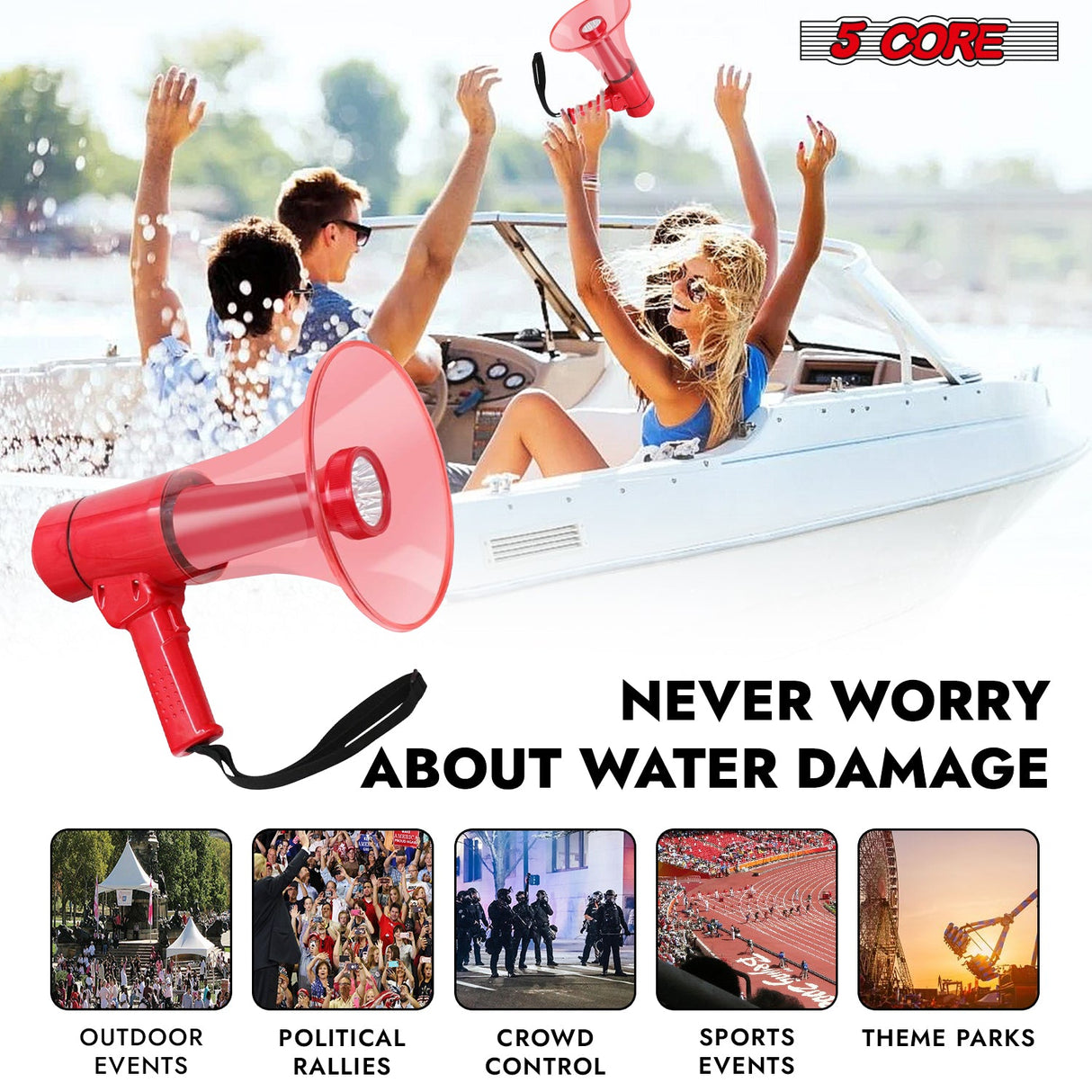 5Core Megaphone Bullhorn Speaker w Siren LED Light Adjustable Volume Bull Horn RED