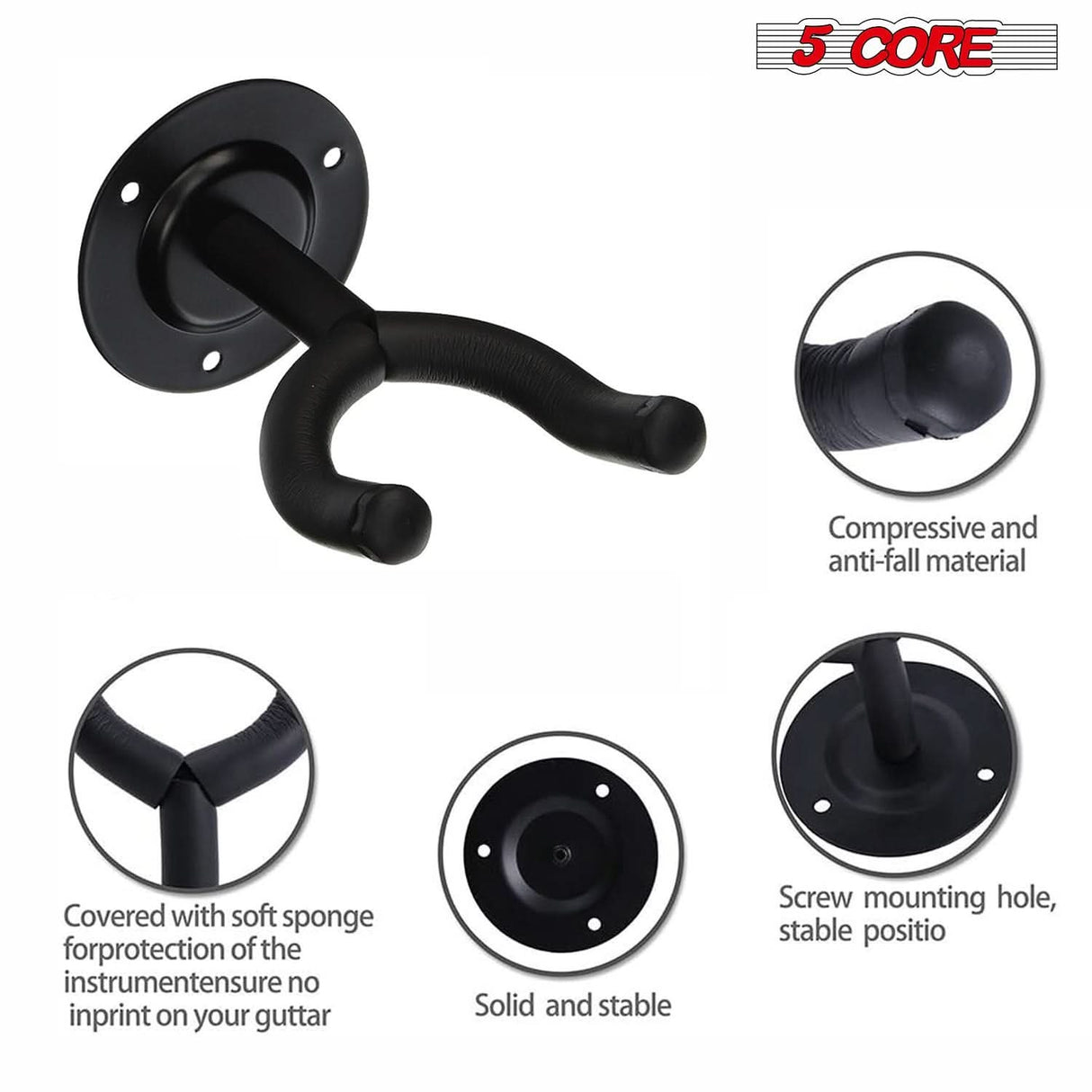 5 Core Guitar Wall Mount 3Pc Wall Mount for Classical Electric Acoustic Bass Guitars for Home Studio