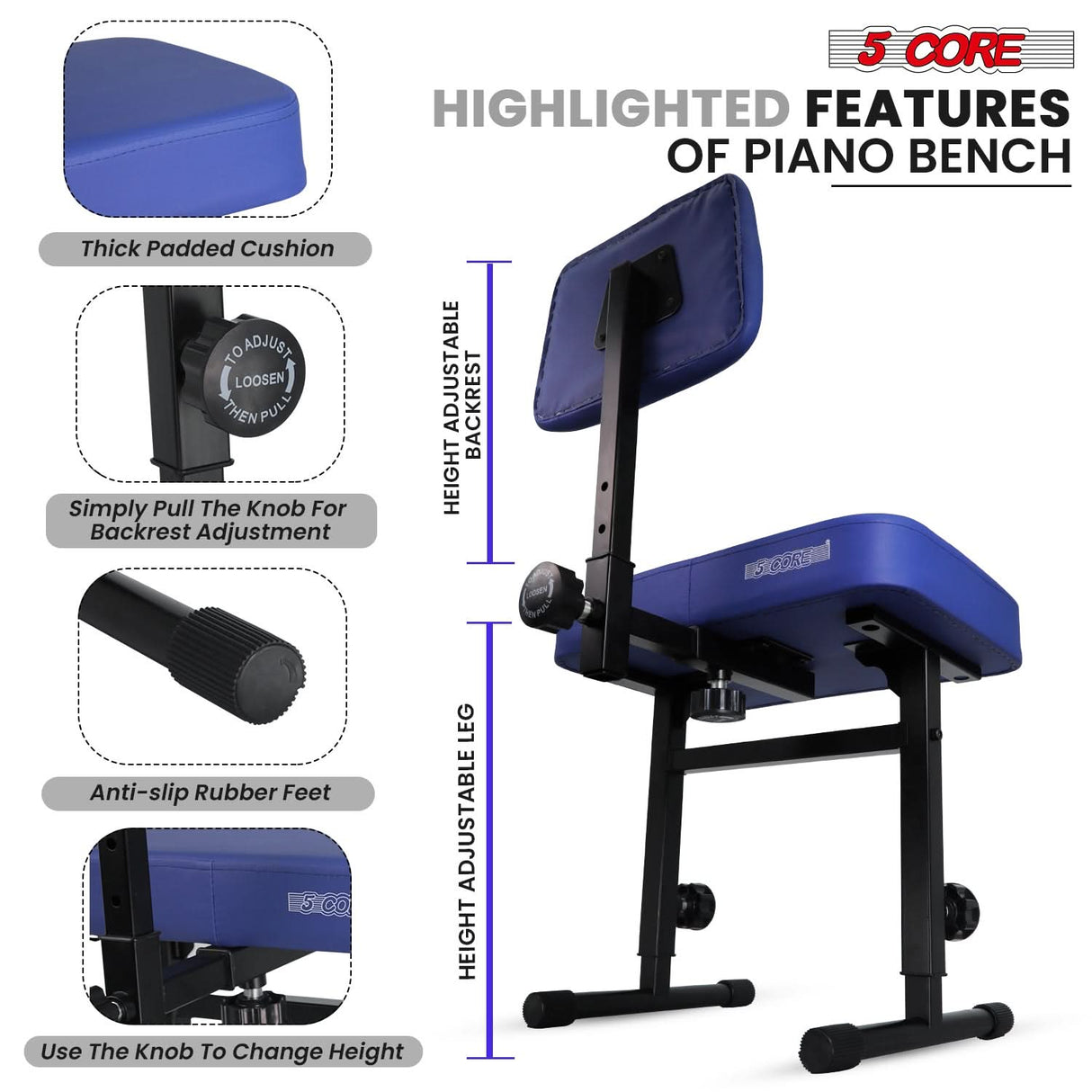 5 Core Piano Bench 3" Padded Cushioned Stool w Backrest Heavy Duty Musician Chair Height Adjustable