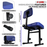 5 Core Piano Bench 3" Padded Cushioned Stool w Backrest Heavy Duty Musician Chair Height Adjustable