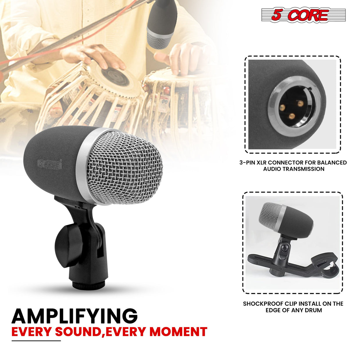 5 Core Tabla Mic XLR Wired Uni Directional Snare Tom Instrument Microphone BLACK