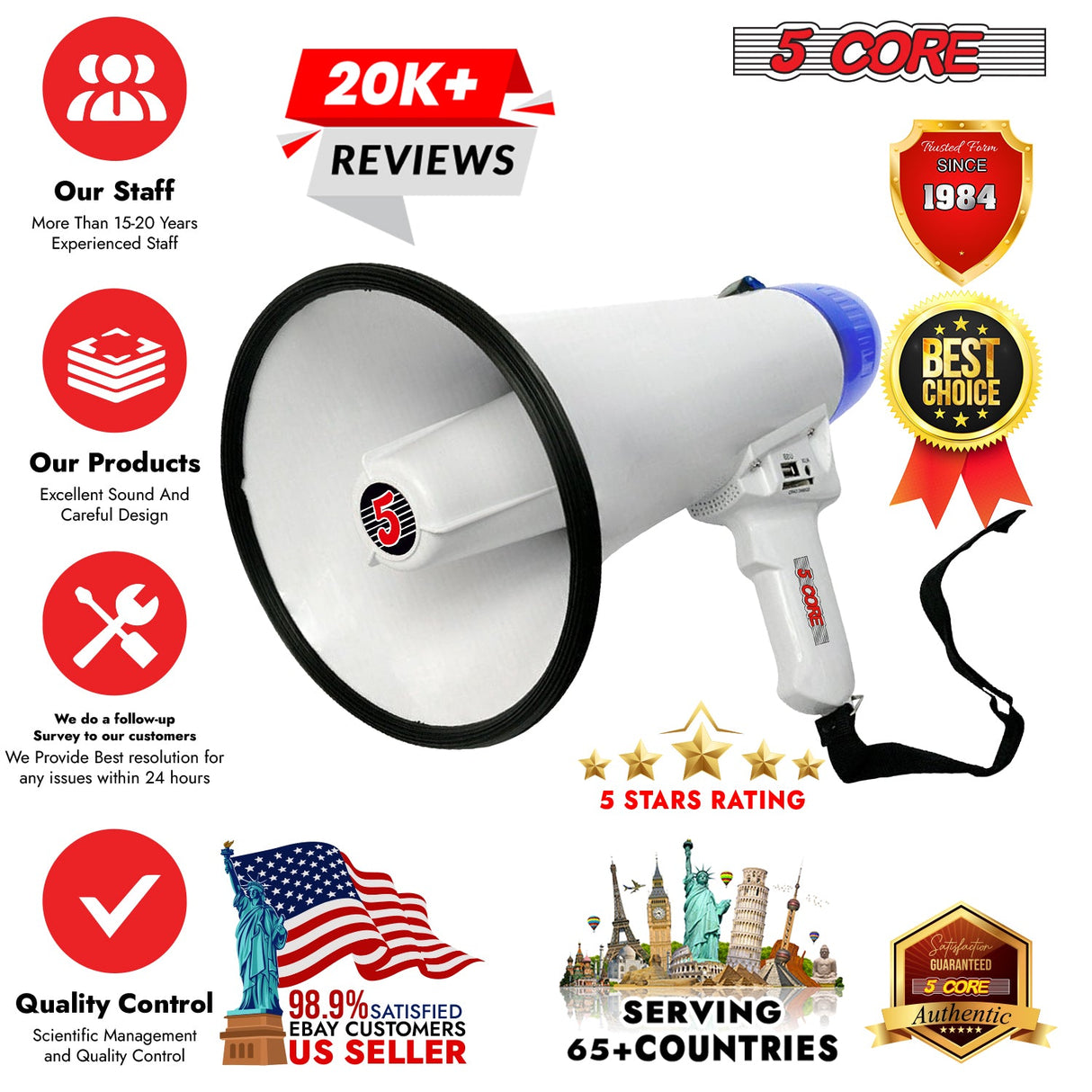 5Core Megaphone Bullhorn Speaker 20W Bull Horn Battery Power Cheer Megafono Loudspeaker USB