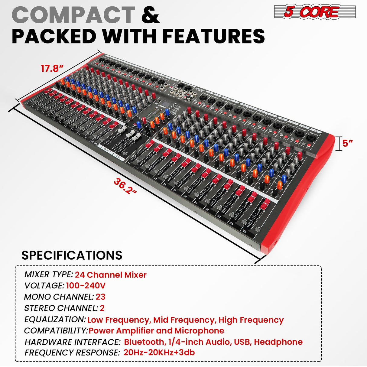 5Core Audio Mixer 24 Channel DJ Mixing Board Bluetooth USB Analog Professional Mezclador De Audio