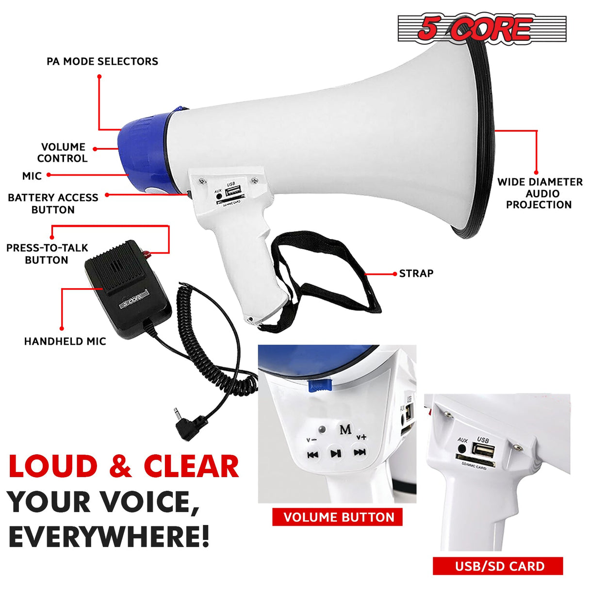 5Core Megaphone Bullhorn Speaker 20W Bull Horn Battery Power Cheer Megafono Loudspeaker