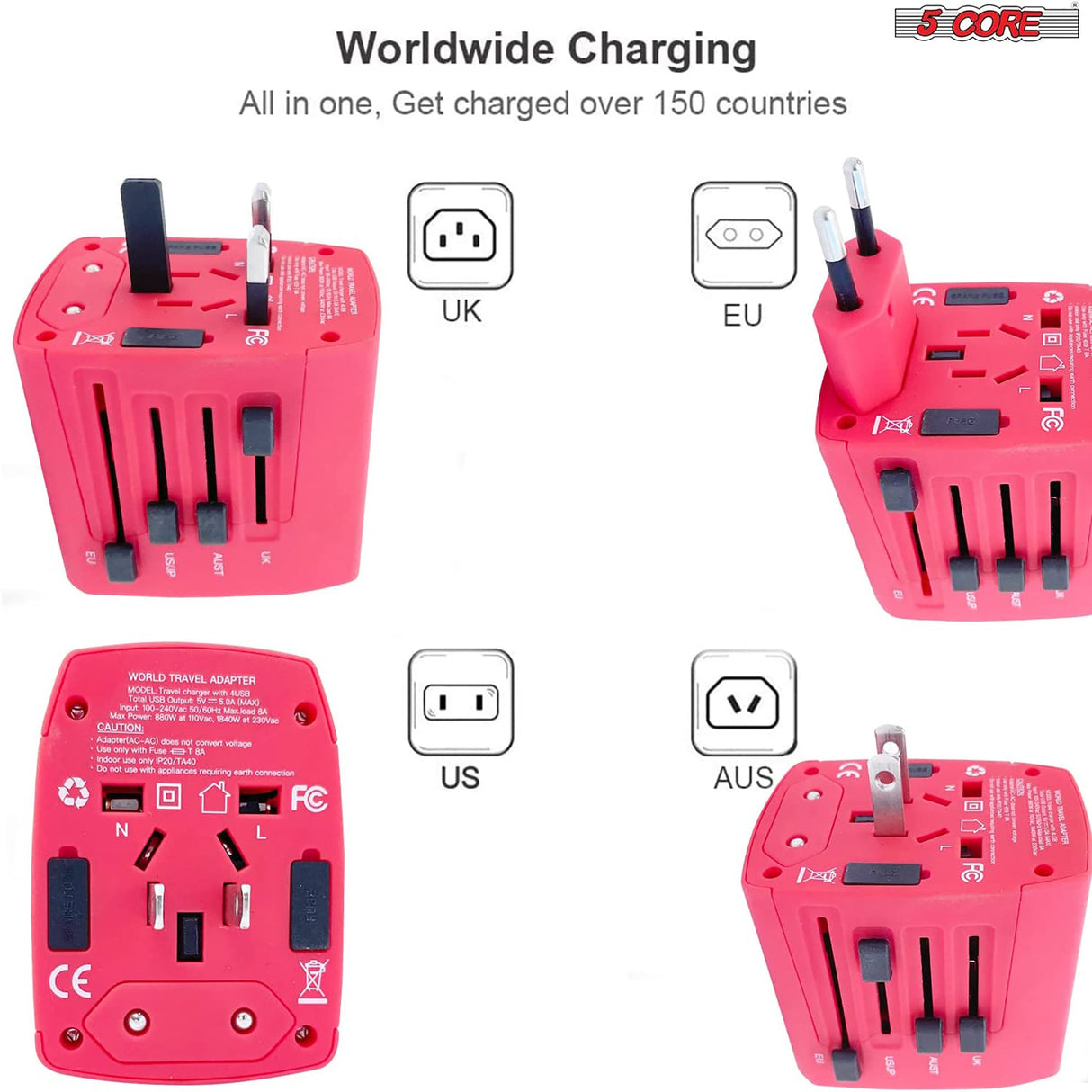 5Core Universal Travel Adapter International Power Adapters 2 Pack Multicharger Plug