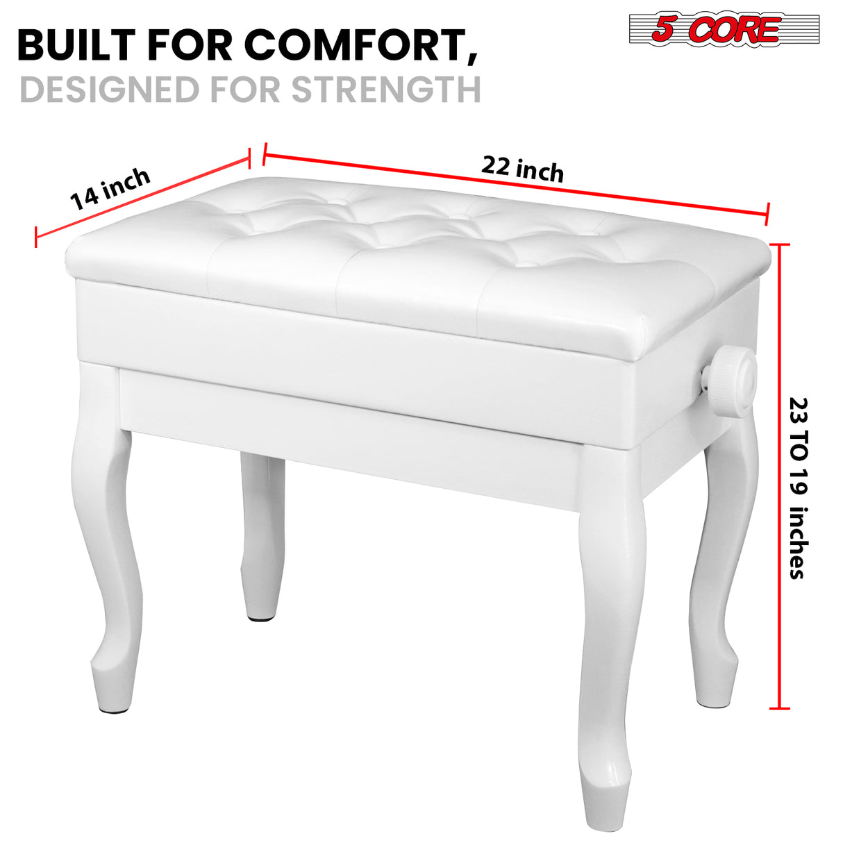 5 Core Piano Bench 3" Padded Cushioned Stool Wooden Heavy Duty Adjustable Musician Chair w Storage