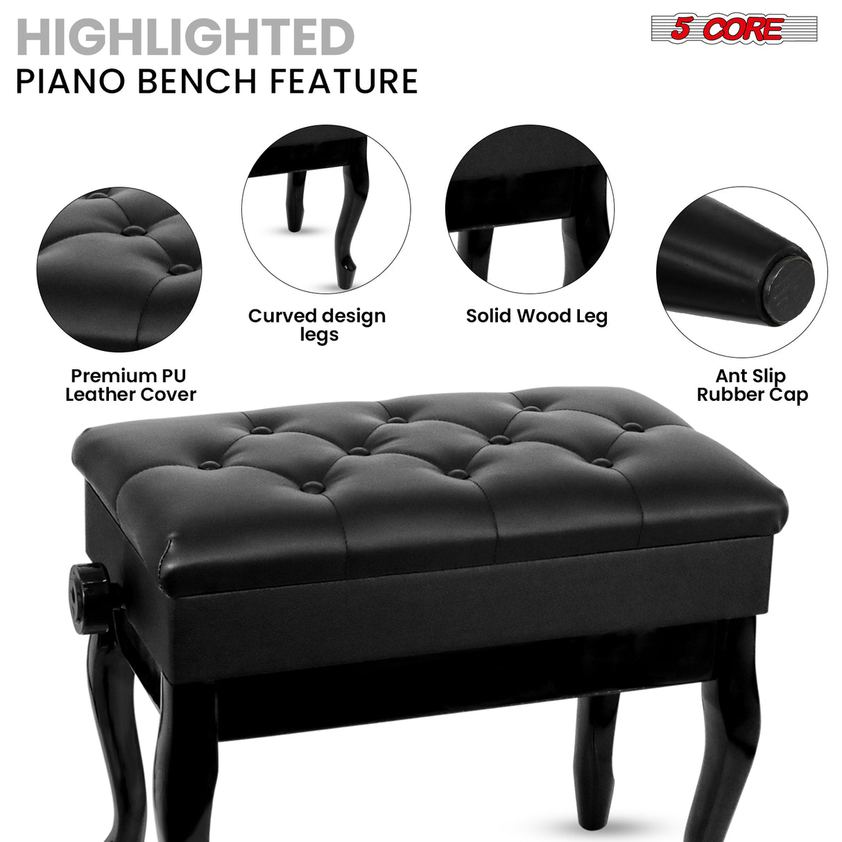 5 Core Piano Bench 3" Padded Cushioned Stool Wooden Heavy Duty Adjustable Musician Chair w Storage