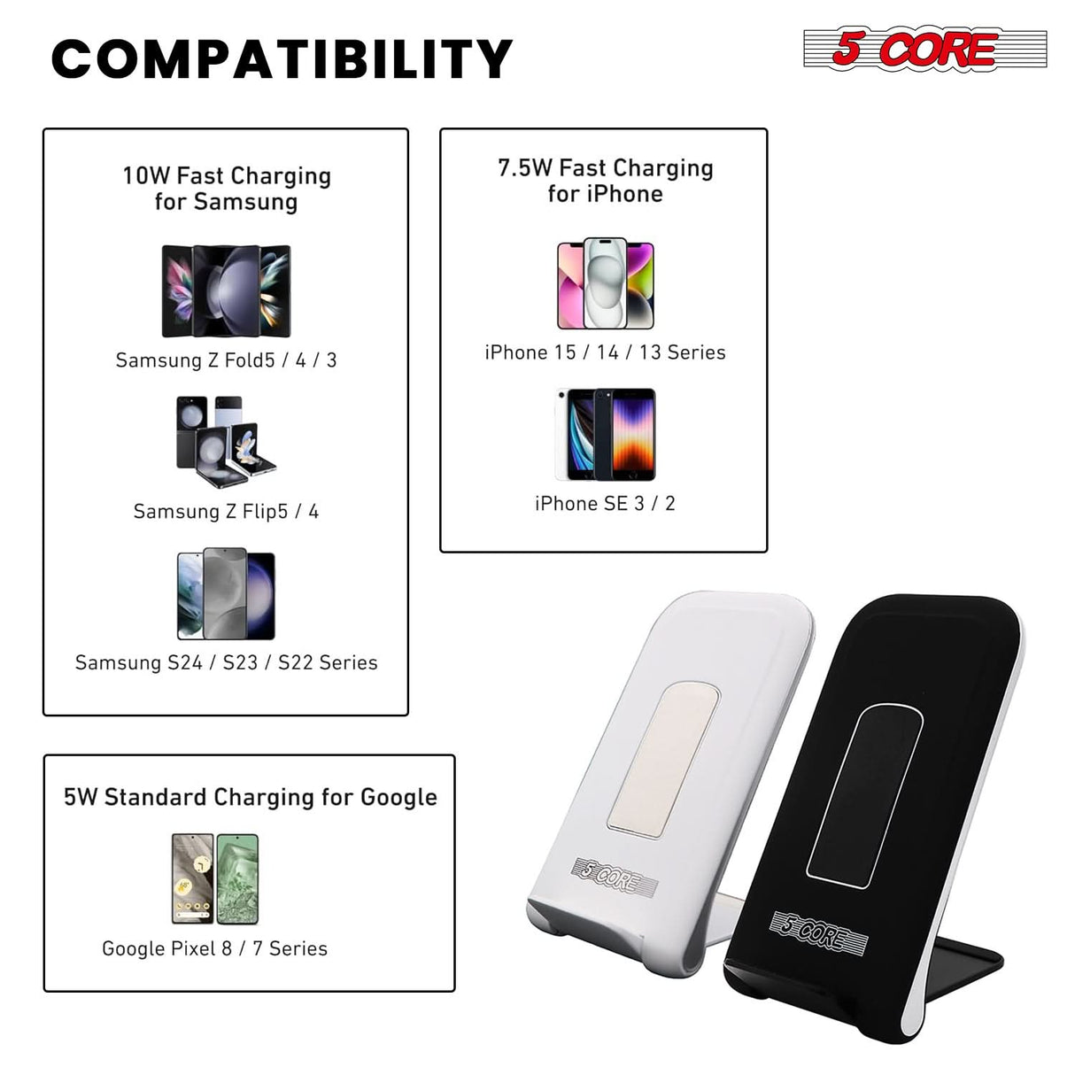 5 Core Wireless Charging Stand 2 Pieces 10W Fast Wireless Charger Station with Sleep-Friendly Light
