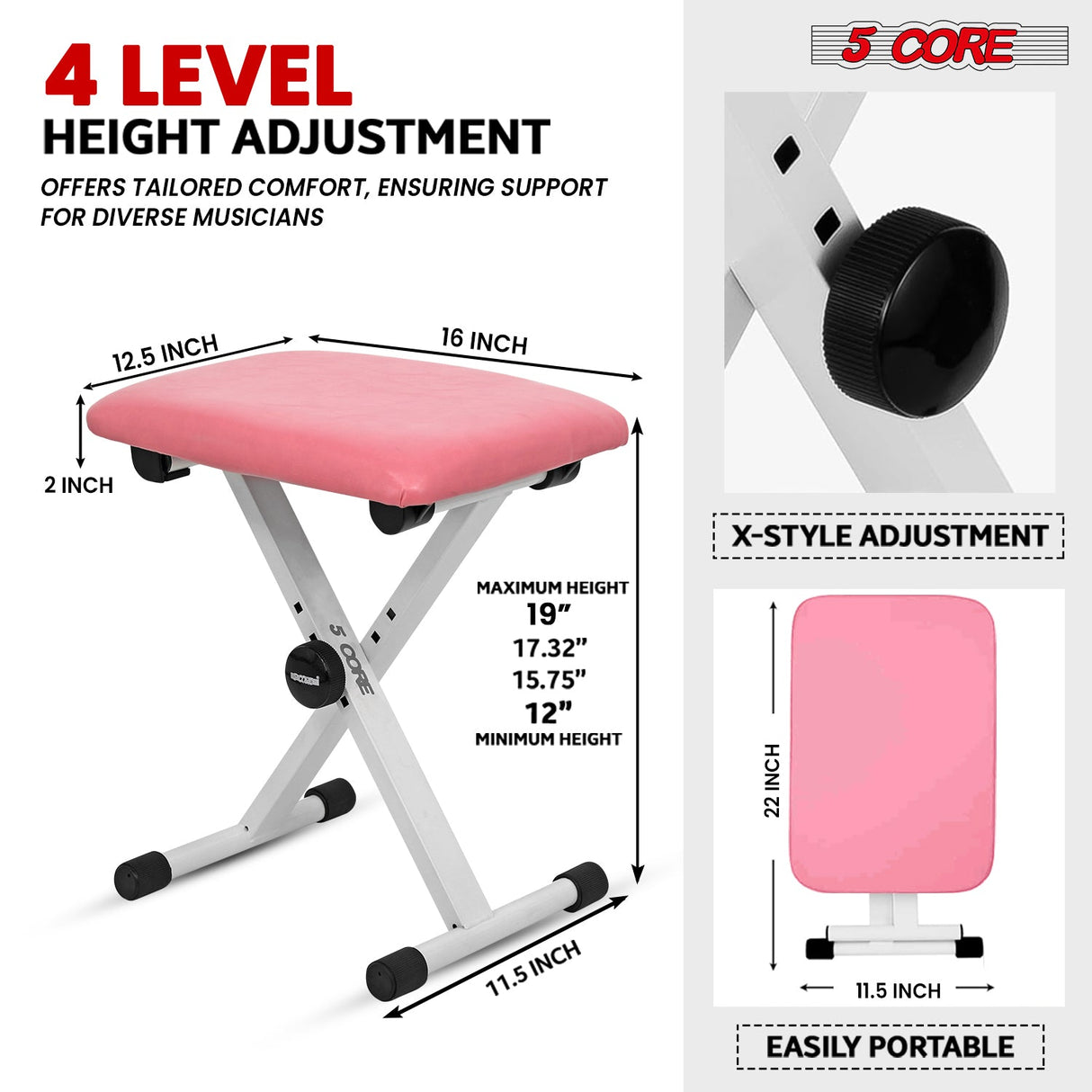 5 Core Keyboard Bench X Style Piano Stool Padded Adjustable Keyboards Chair