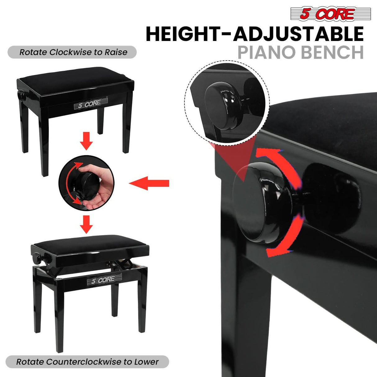 5 Core Adjustable Piano Bench Thick 3.25" Solid Wood Keyboard Stool Heavy Duty Musician Chair