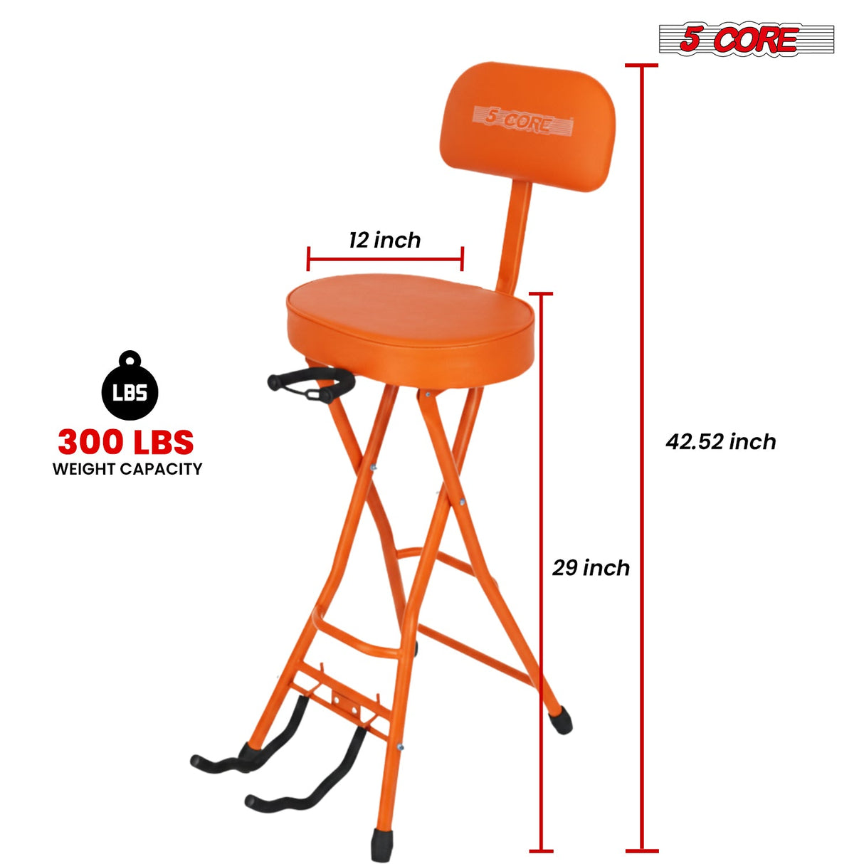 5Core Guitar Stool 3.15" Padded Chair w Backrest Foldable Music Seat Built in Foot Rest Guitar Stand