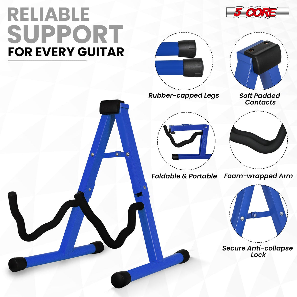 5 Core Guitar Stand A Frame Shape w Soft Foam Arm Non Slip Rubber for Acoustic Electric Bass Ukulele