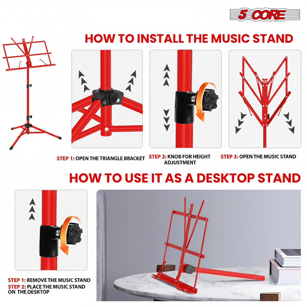 5 Core Music Stand Adjustable Desktop Book Stands Portable Sheet Holder All Metal Foldable Bookstand
