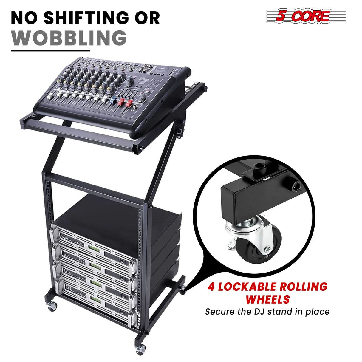 5Core DJ Mixer Stand 12U Adjustable Rack Mount Rolling Stage Cart Pro Audio Studio Equipment w Wheel