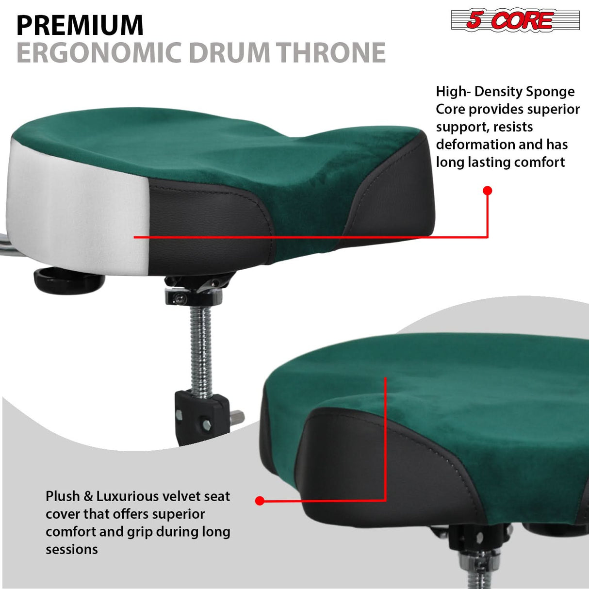 5 Core Drum Throne w Backrest 4" Padded Adjustable 26.5" Drummer Stool w Velvet Top 441Lb Capacity