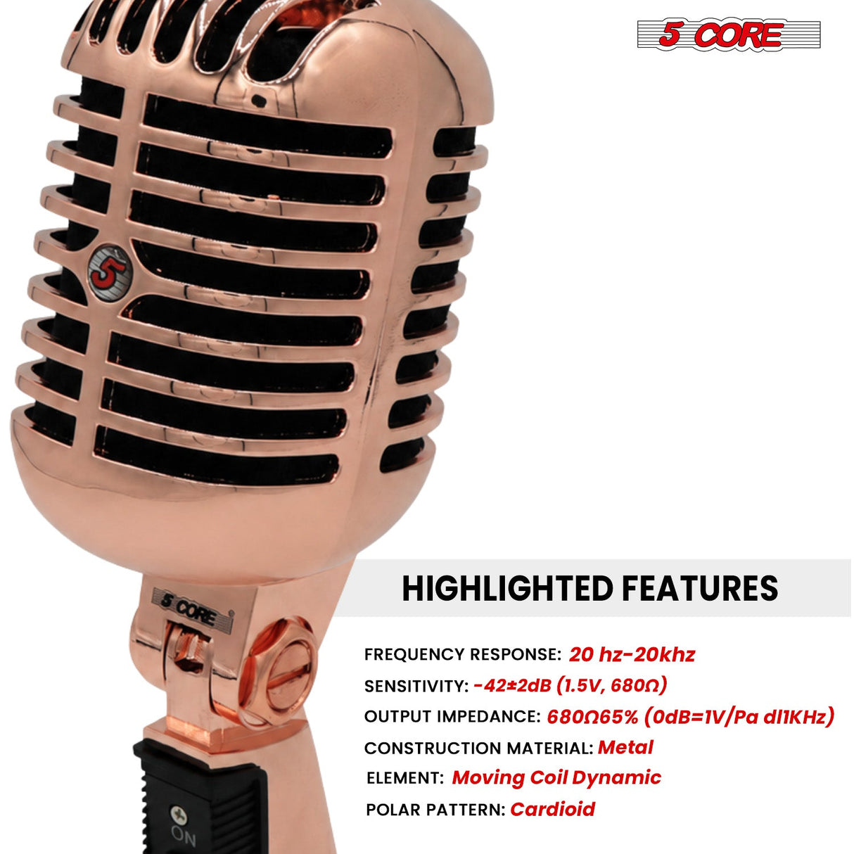 5 Core Retro Dynamic Vocal Iconic Microphone Vintage Style Classic Cardioid Unidirectional Mic