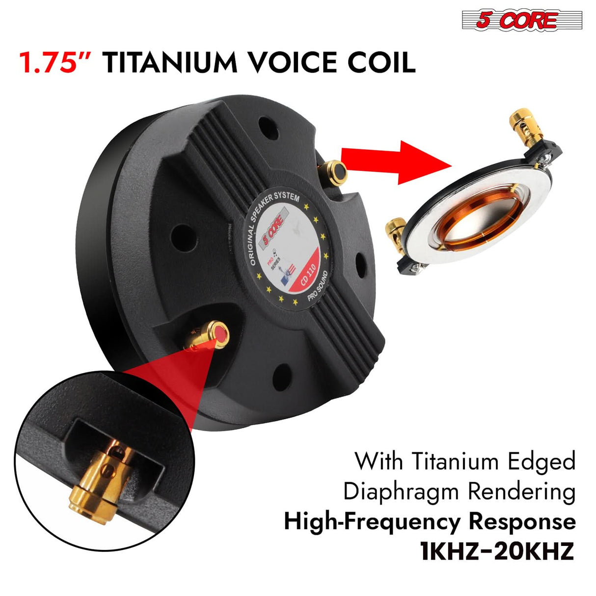 5 Core Compression Driver 2Pc 1″ PA Horn Tweeter Pro Audio 1600W 1.75″ Voice Coil 20Oz Magnet 8Ohm