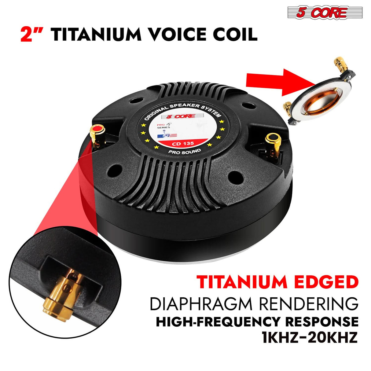 5 Core Compression Driver 2Pc 1″ PA Horn Tweeter Pro Audio 2000W 2″ Voice Coil 33 OZ Magnet 8Ohm
