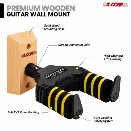 5Core Guitar Wall Mount Hanger Adjustable Display Wall Hook Holder Hard Wood Base