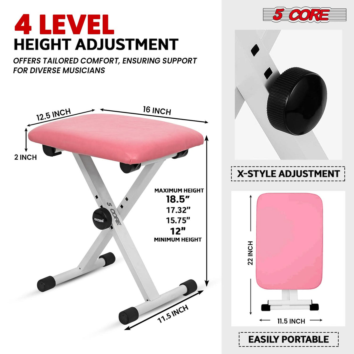 5 Core Keyboard Bench 2" Padded Cushioned Piano Stool Height Adjustable Guitar Seat Folding Portable