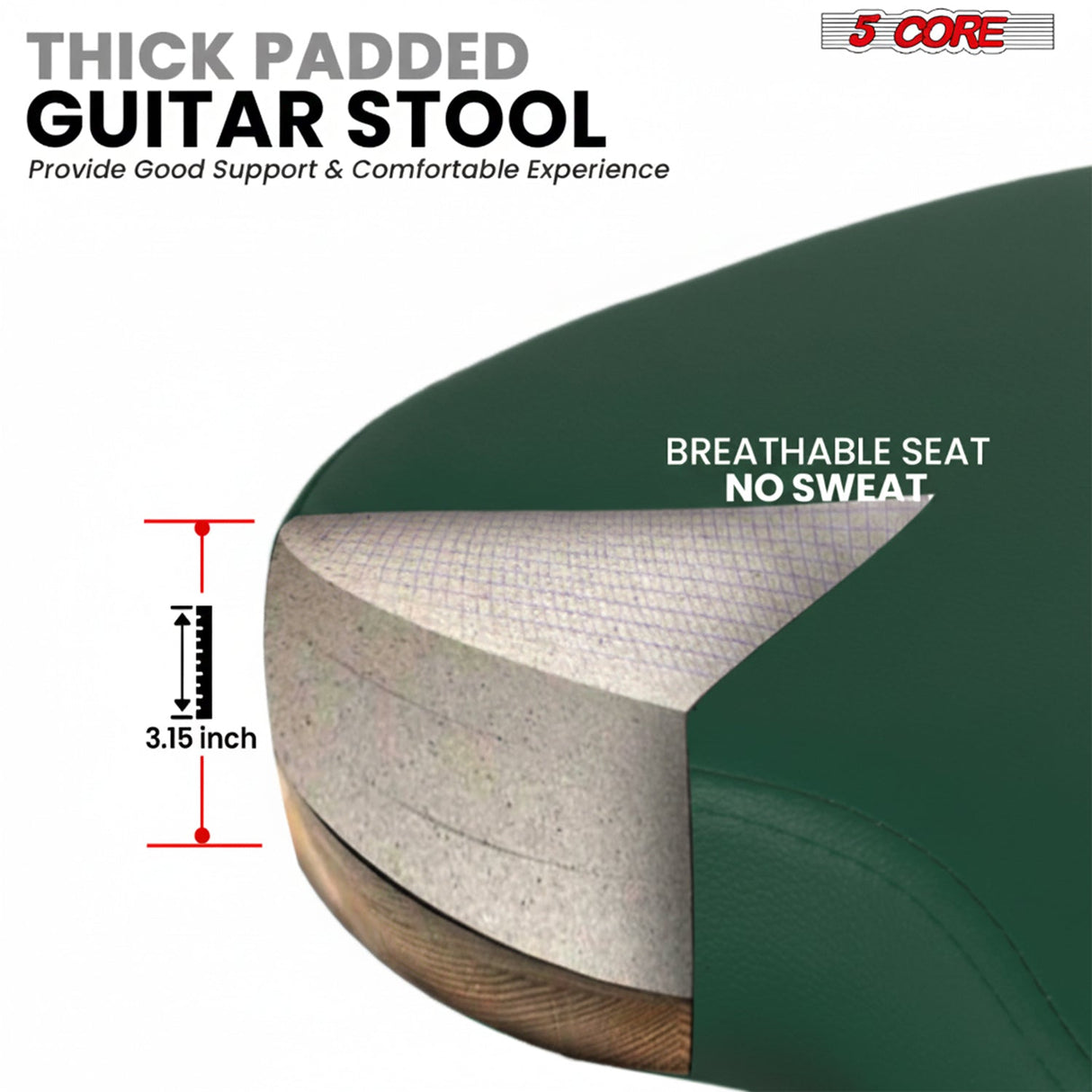 5Core Guitar Stool 3.15" Padded Chair w Backrest Foldable Music Seat Built in Foot Rest Guitar Stand