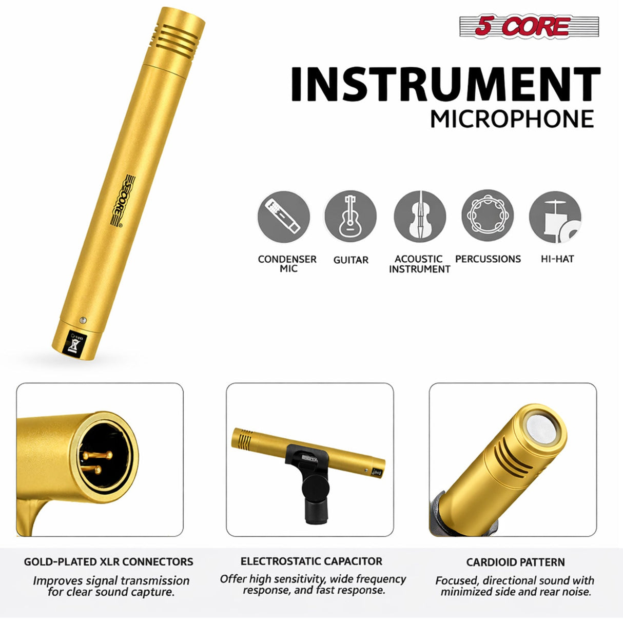 5 Core Drum Microphone Kit 7Pc All Metal Drummer Mics Tom/Snare & Cymbals Wired Instrument Drums Set