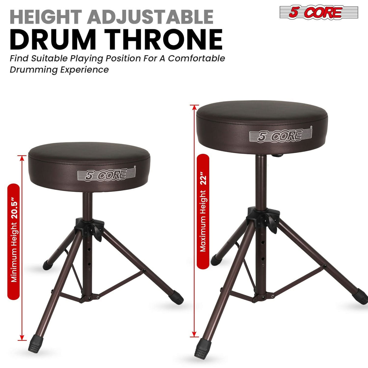 5 Core Drum Throne 3" Thick Padded Memory Foam Comfortable Drummer Stool 330Lb Capacity Adjustable