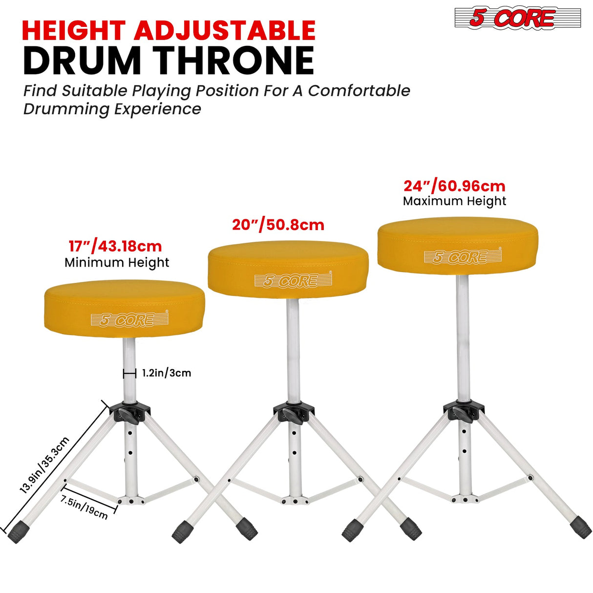 5Core Drum Throne Adjustable Guitar Stool 3" Padded Drummer Seat for Adults & Kids