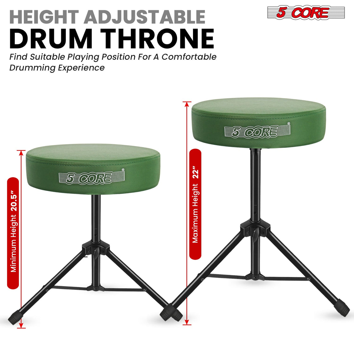 5 Core Drum Throne 3" Thick Padded Memory Foam Comfortable Drummer Stool 330Lb Capacity Adjustable