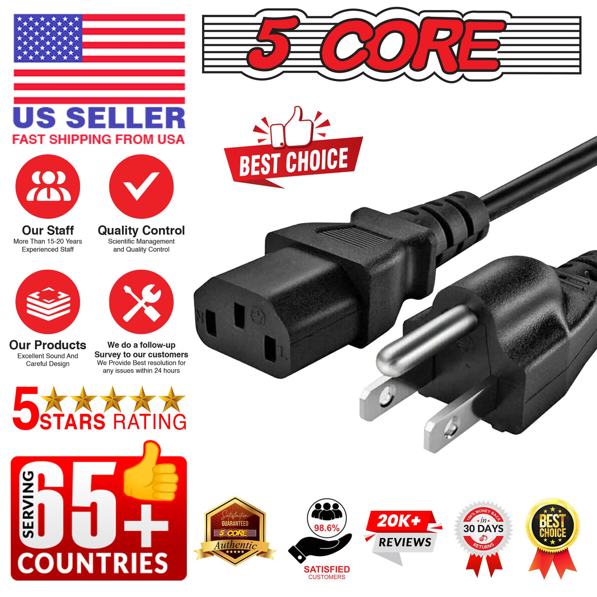 5Core AC Power Extension Cord 10Ft 3 Prong Adapter 16AWG/2C 125V 13A US Male to Female