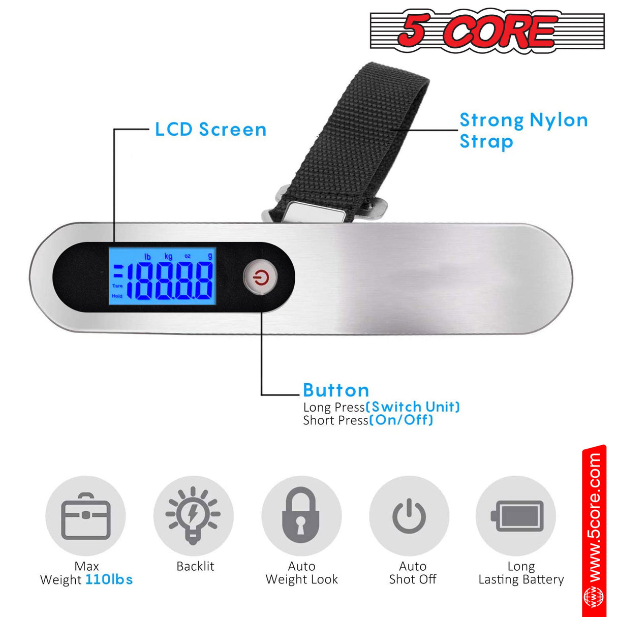 5 Core Digital Luggage Scale Weight Scale Travel Hanging Baggage Weighing Machine