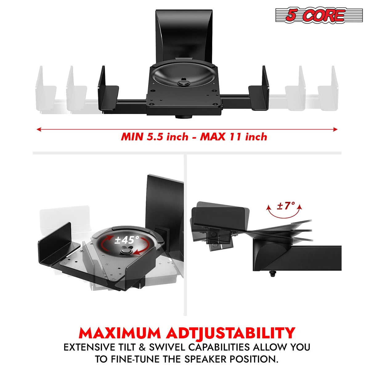 5Core Speaker Wall Mount Adjustable Swivel 11 Inch Space Bookshelf Brackets Pair