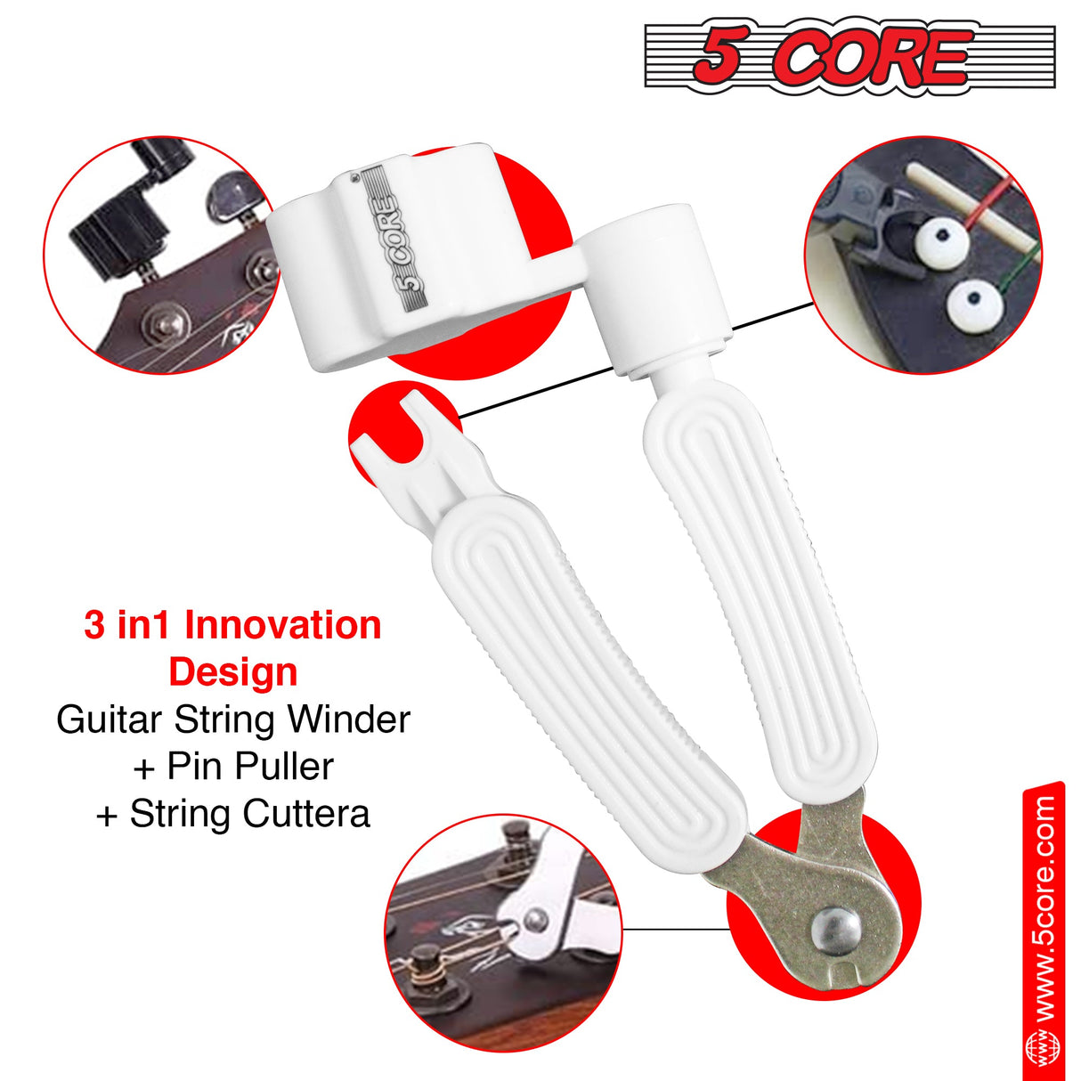 5Core Guitar String Winder Cutter Bridge Pin Remover 3In1 Acoustic Electric Guitars Tool