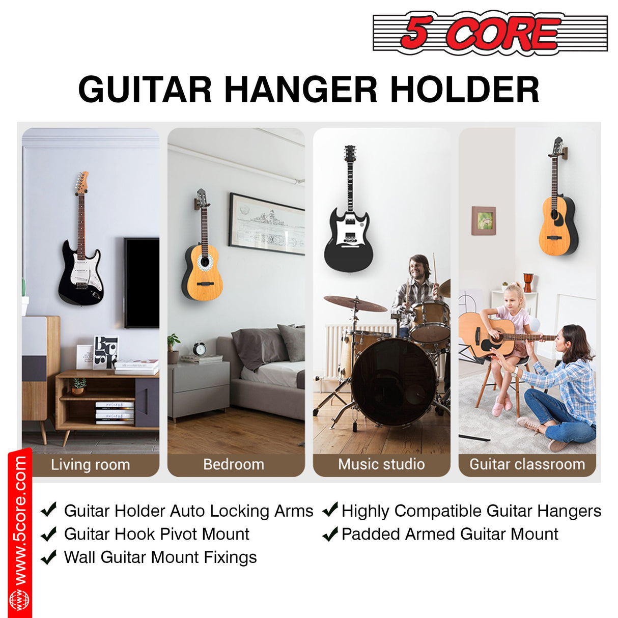 5Core Guitar Wall Mount Hanger Adjustable Display Wall Hook Holder Hard Wood Base