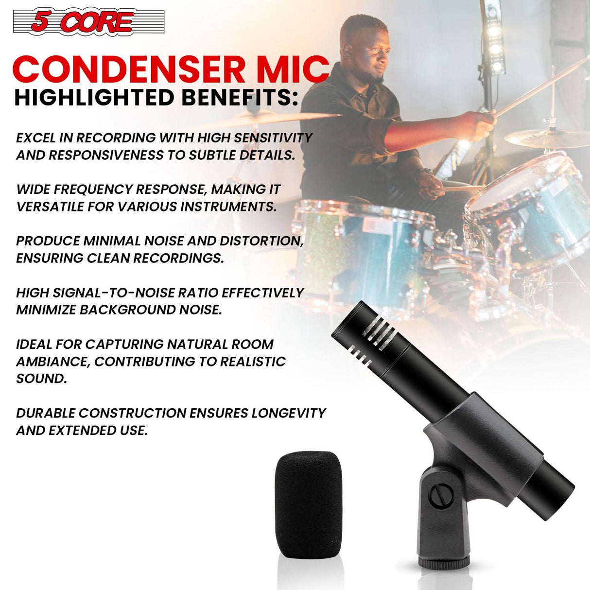 5Core Instrument Microphone Professional XLR Cardioid Pencil Stick Condenser Mic Black