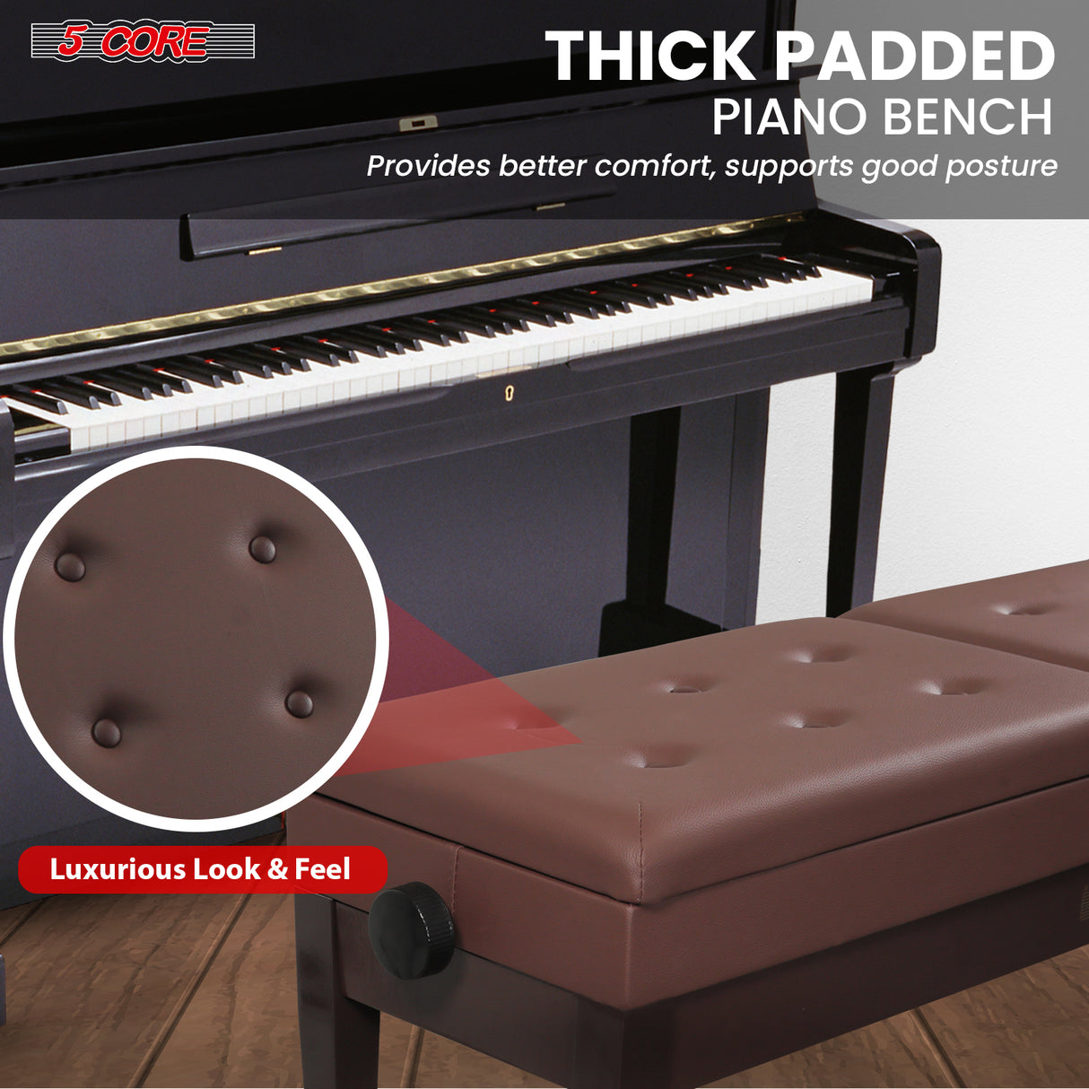 5 Core Duet Piano Bench 3.5 Inch Padded Cushioned Stool Wooden Heavy Duty Musician Chair w Storage