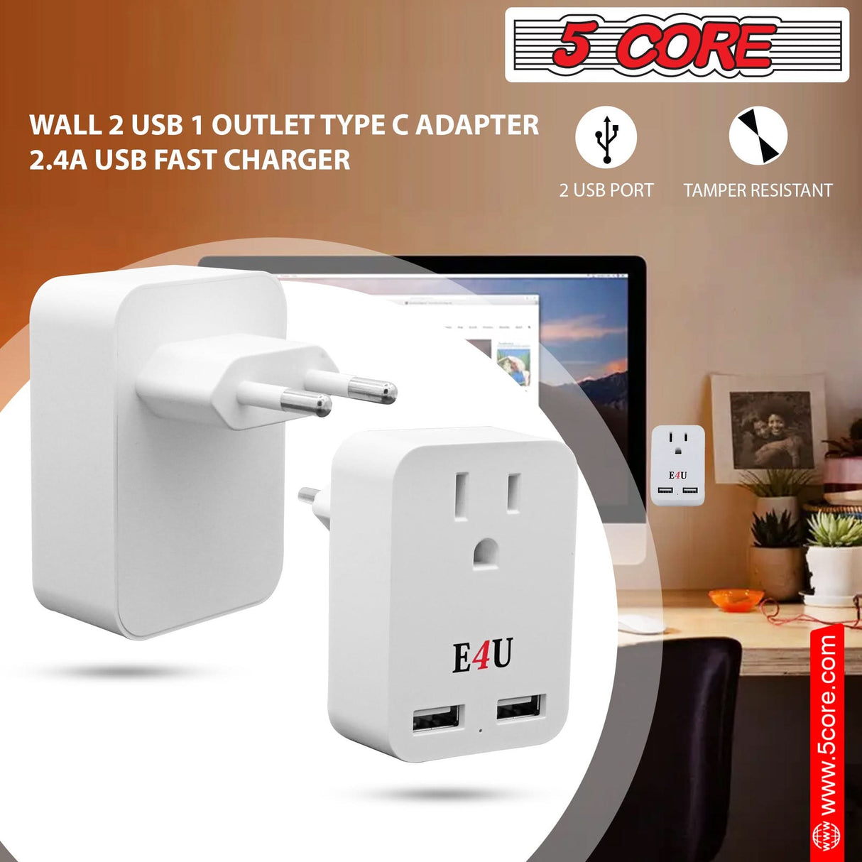 5 Core European Travel Plug Adapter w 2 USB Ports Universal Adopter for International Power Outlet