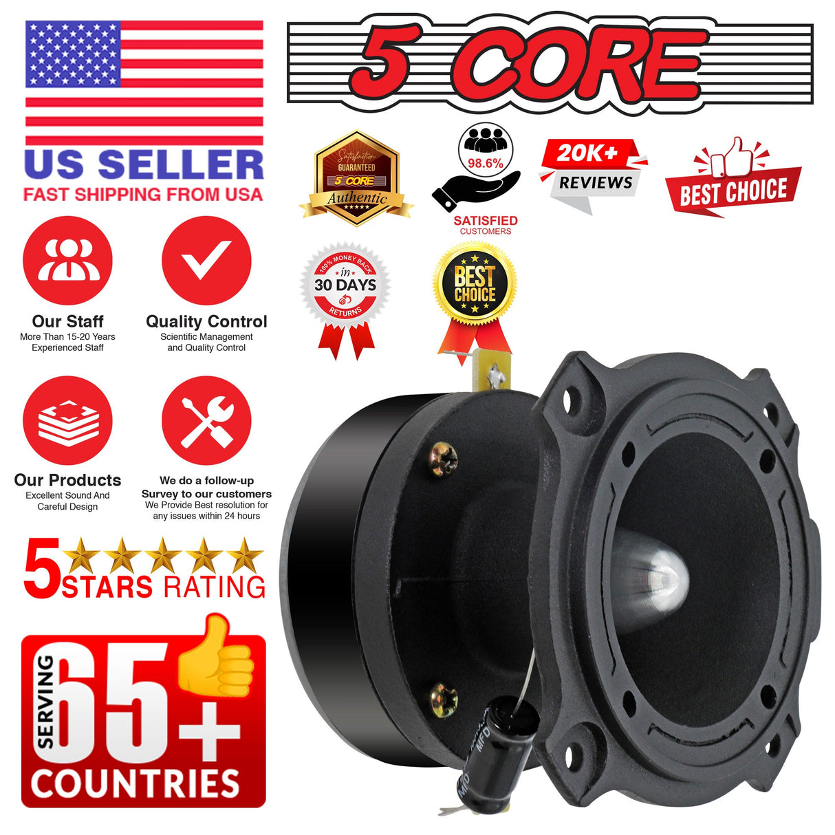 5 Core 6.5 Inch Midrange Door Speaker + Tweeter Combo 580W PMPO Subwoofer 300W PMPO Tweeters