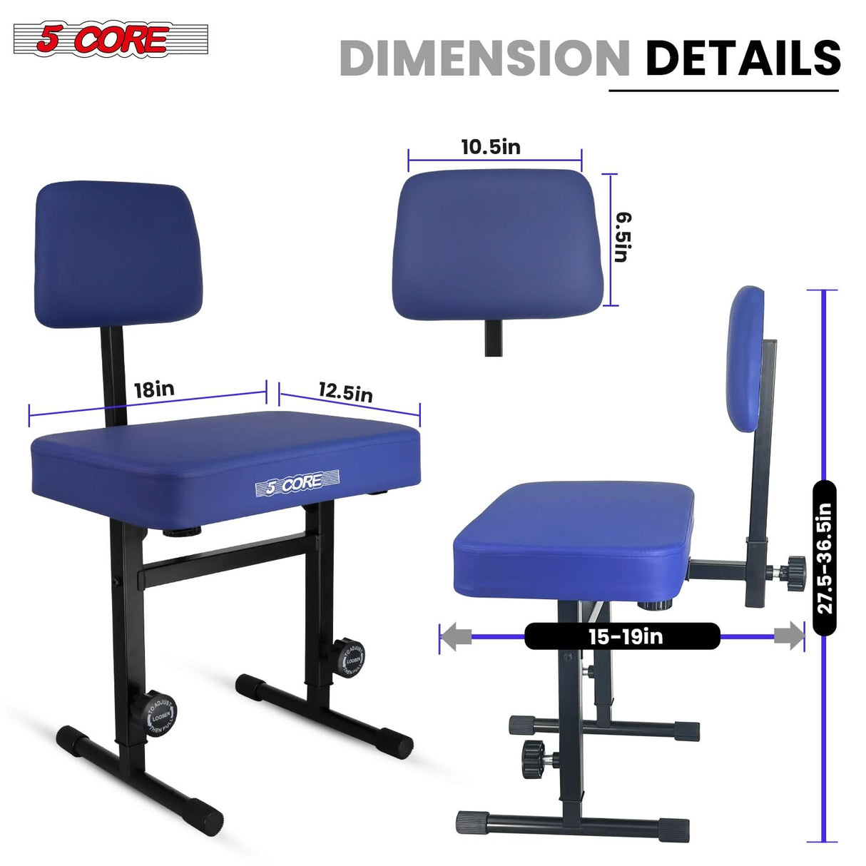 5 Core Piano Bench 3" Padded Cushioned Stool w Backrest Heavy Duty Musician Chair Height Adjustable