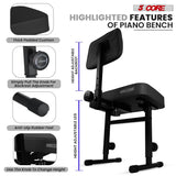 5 Core Piano Bench 3" Padded Cushioned Stool w Backrest Heavy Duty Musician Chair Height Adjustable