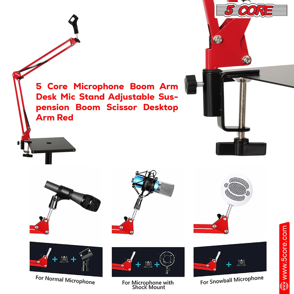 5Core Microphone Boom Arm Desk Mic Stand Adjustable Clamp Suspension Boom Stands RED