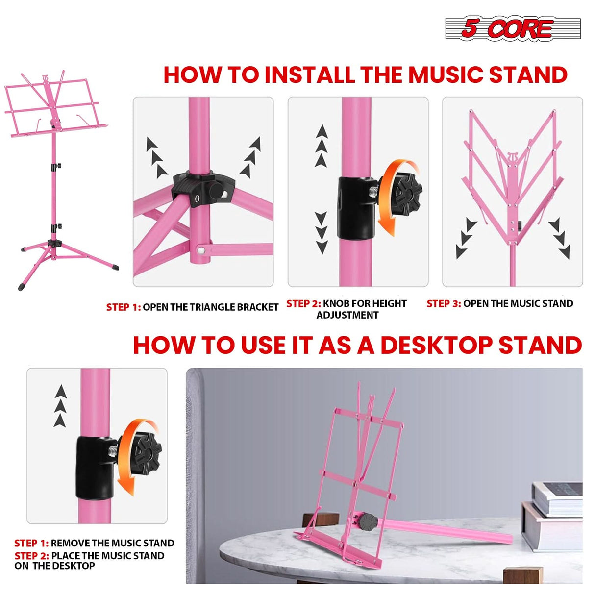 5 Core Music Stand Adjustable 57" Desktop Book Stands Sheet Holder All Metal Portable Bookstand
