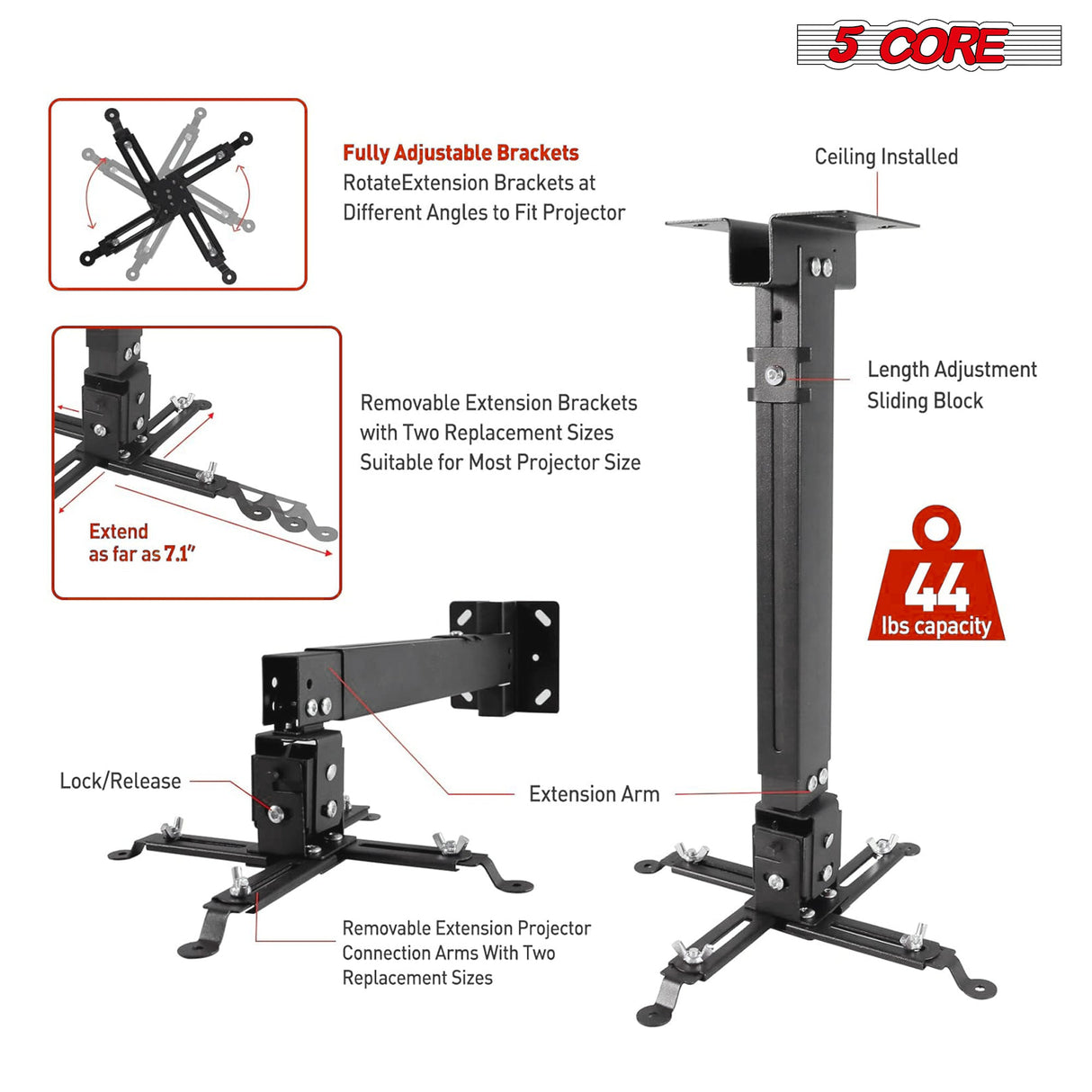 5Core Projector Mount Ceiling Wall Universal Holder Adjustable Low Profile Capacity 40lb BLACK