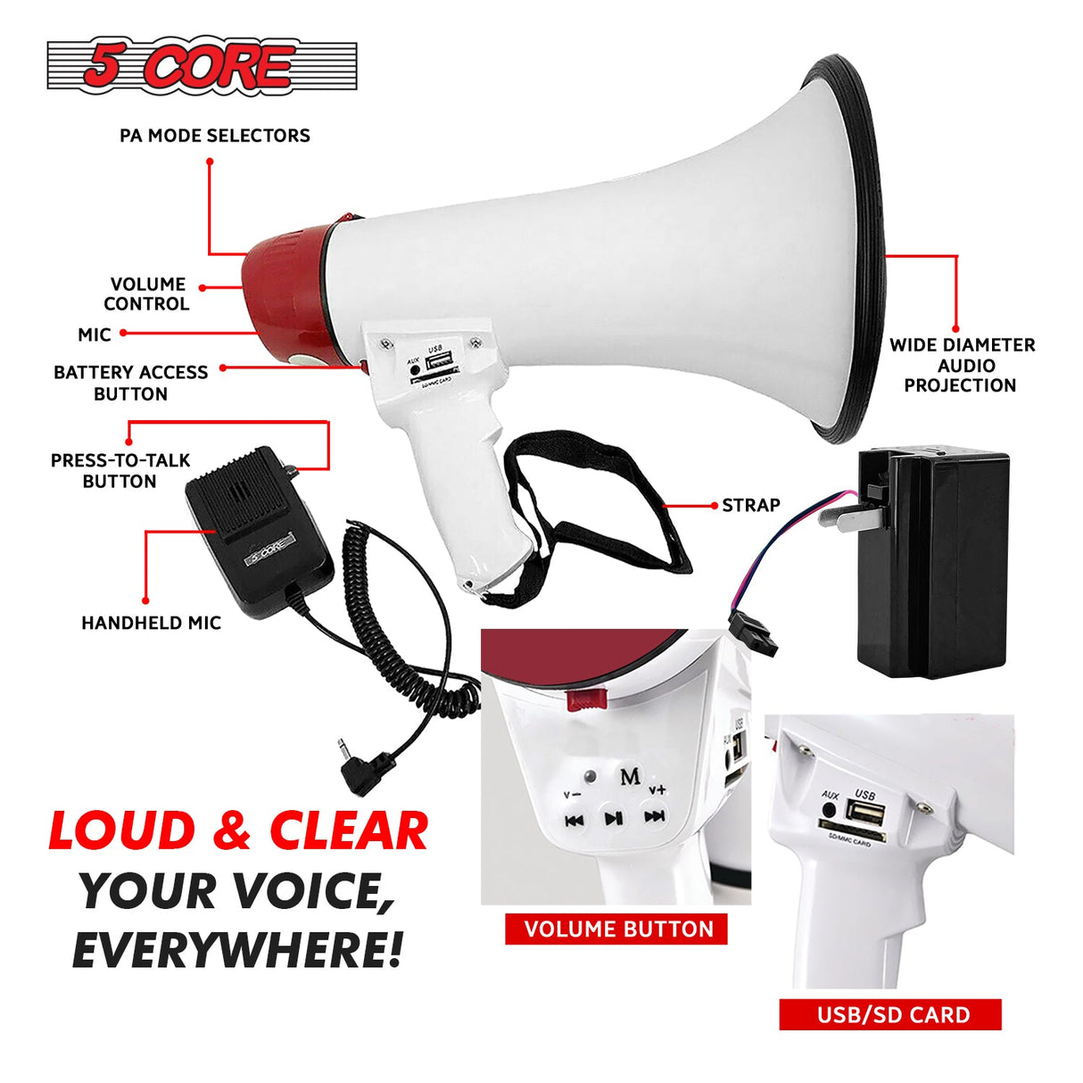 5Core Megaphone Bullhorn Speaker 50W Bull Horn Rechargeable Cheer Megafono 300 Meter