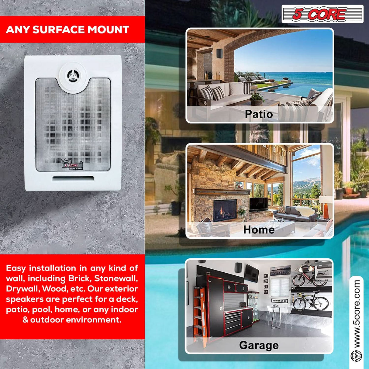 5Core Outdoor Speakers Stereo In Wall 500W Peak Passive Home Audio System