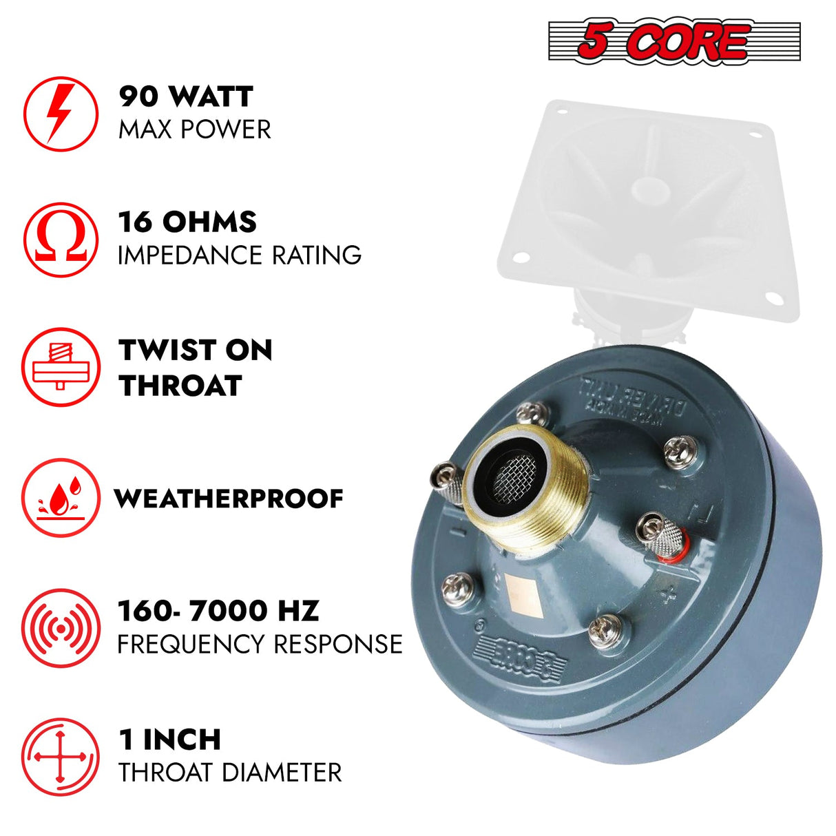 5 Core Compression Driver 600W Peak Aluminium Tweeter Diaphragm 16 Ohm Throat Twist Horn Speaker